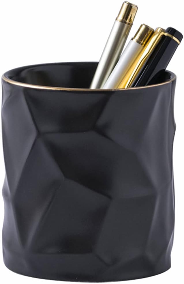 41nwopzQL._AC_SL1000_.jpg Ceramic Irregular Round Pen Holder For Desk Cute Stand Gold Line Aesthetic Pencil Cup Pot Desk Organizer for Men Women Makeup Brush Holder (Black) - Image 1