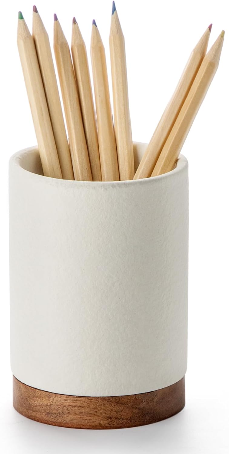 611oshOp4SL._AC_SL1500_.jpg Pen Holder for Desk, Ceramic Pencil Organizer & Makeup Brush Holder, Office Decor and Desk Accessories,Perfect Office Organization,Teacher Supplies (White, Set / 1) - Image 1