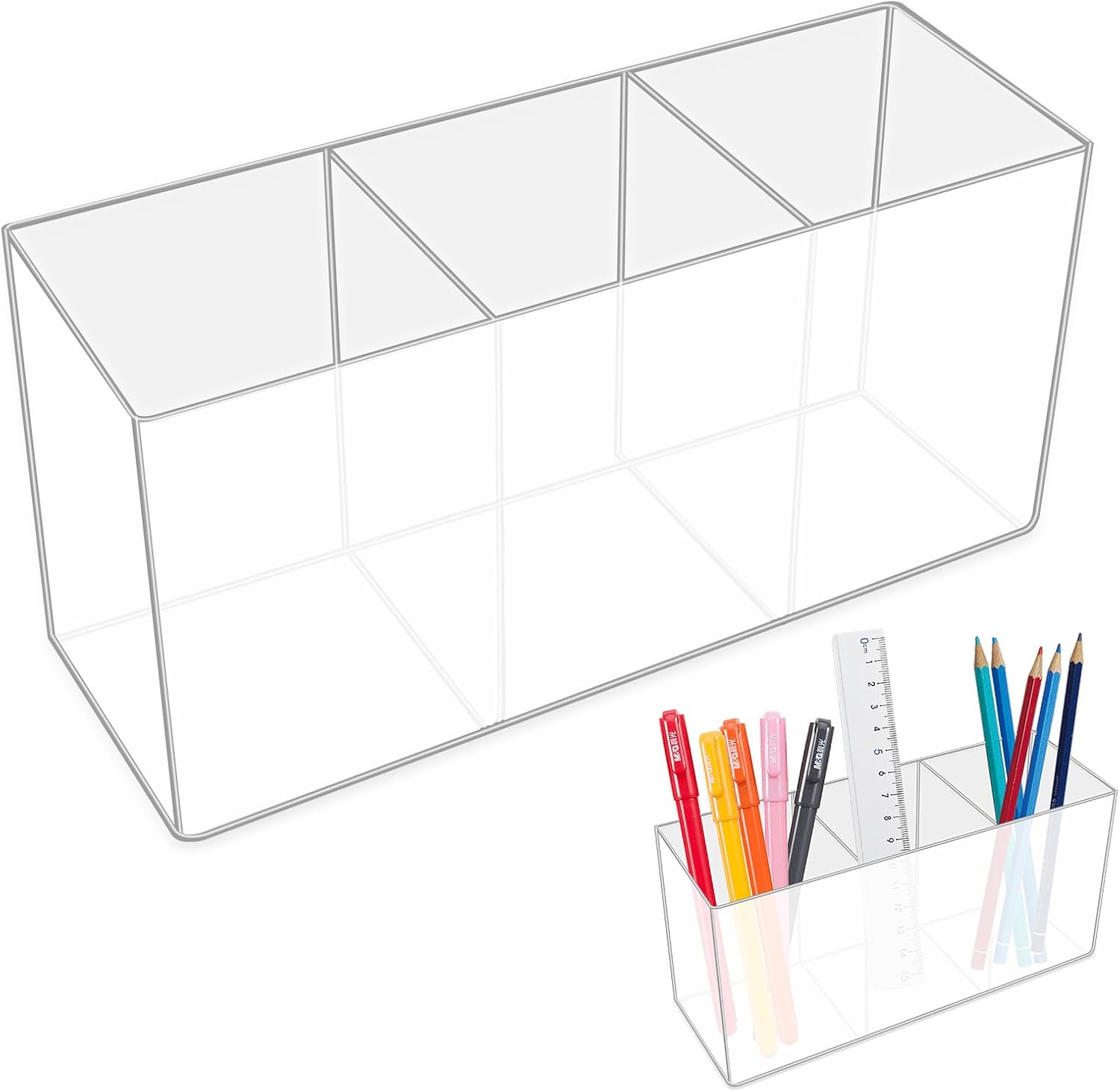 613KCEyNKL._AC_SL1500_.jpg Acrylic Pen Holder, 3-Compartment Design, Desktop Stationery Organizer, DIY Combination Pen Holder, Suitable for Makeup Brush Storage in Home, Office, Classroom, and Bathroom | Office Supplies - Image 1