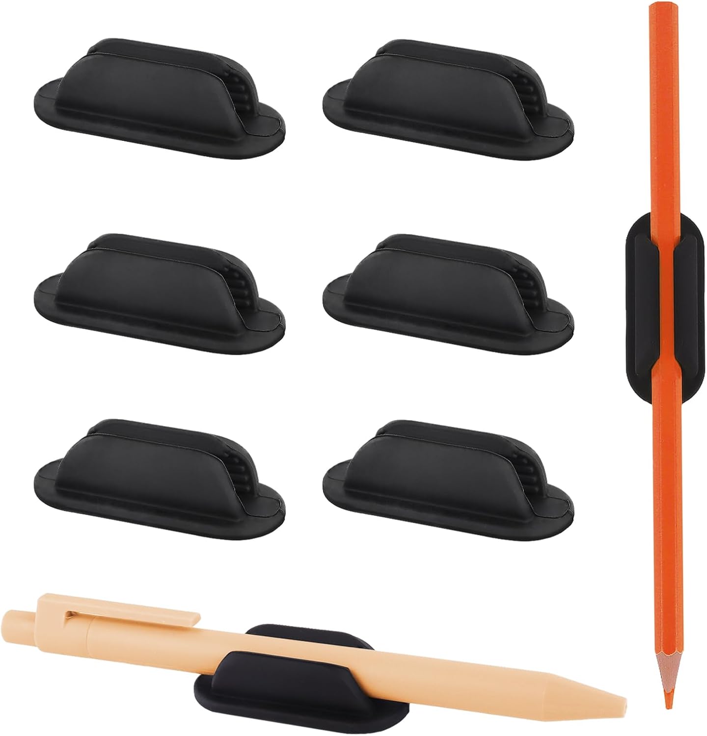 61GQU04fweL._AC_SL1500_.jpg 6 Pack Adhesive Pencil Holders for Desk, Flexible Black Silicone Pen Holder with Adhesive Pads for Office Essentials and Teacher Supplies - Image 1