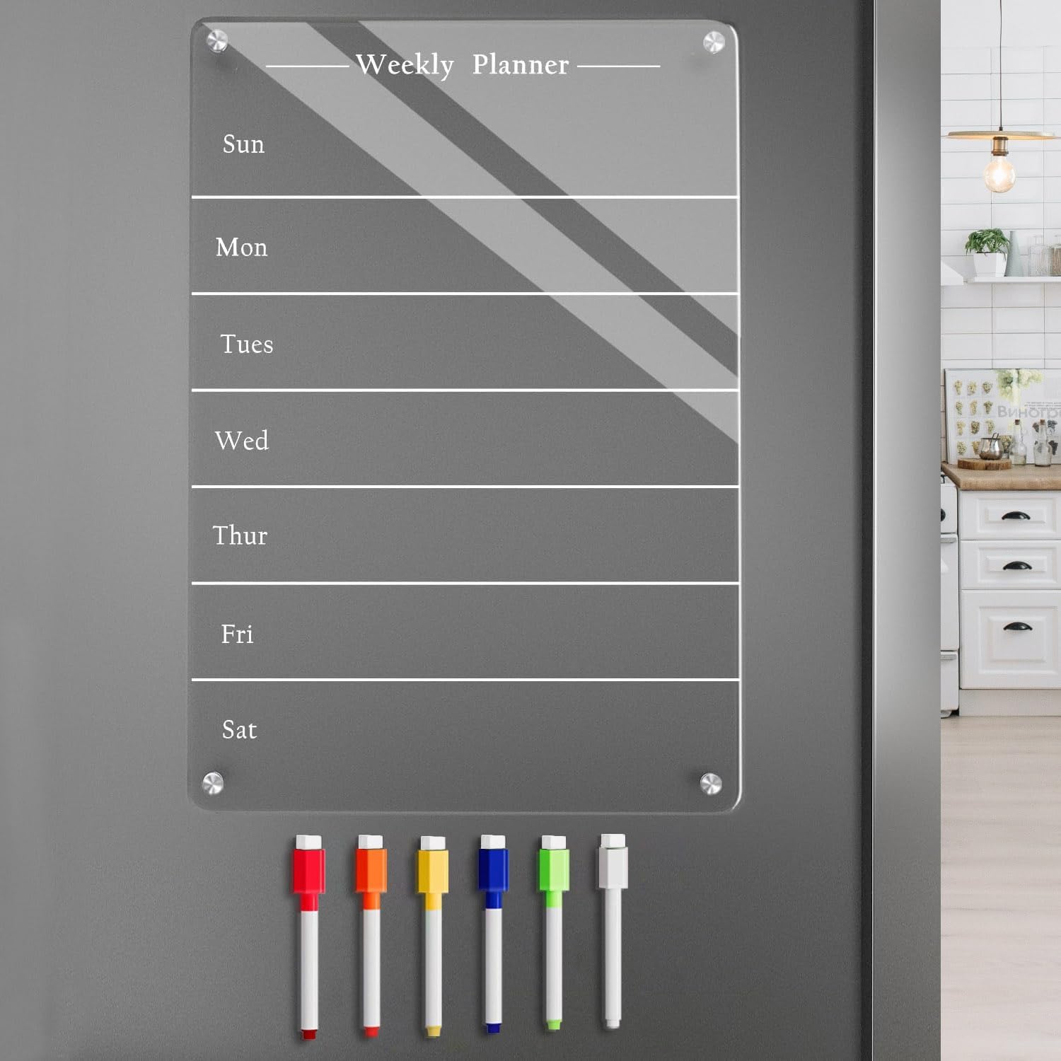 61ROLemA8L._AC_SL1500_.jpg 9"x13" Clear Weekly Meal Planner Magnetic Acrylic Board,Acrylic Magnetic Dry Erase Board for Fridge, Magnet Week Calendar for Refrigerator Includes 6 Colors Markers and Pen Container - Image 1