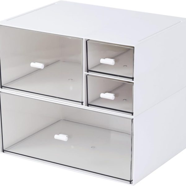 Desk Organizer with 4 Drawers, Makeup Organizer, Desktop Storage Box, Cosmetics Storage Box for nail polish, Lipstick, Brushes, Jewelry, Skincare, Bathroom Organization Boxes(White)