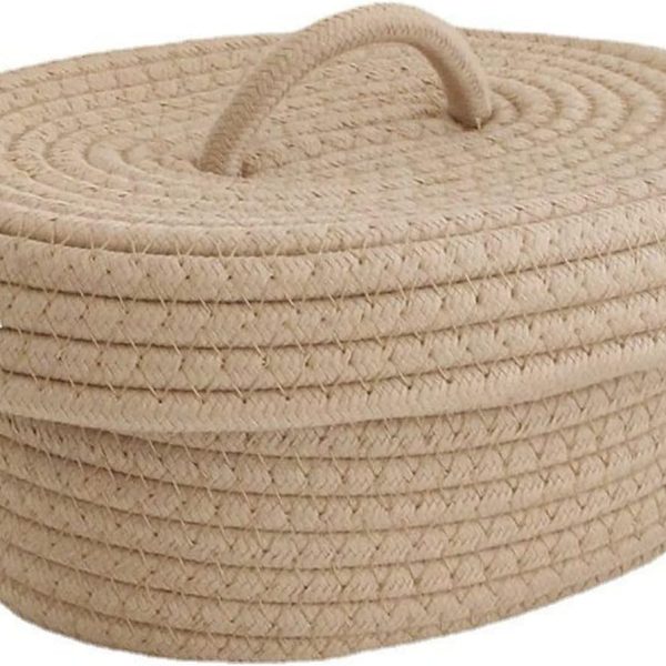 Desktop Storage Box with Lid, Handmade Cotton Rope Storage Basket for Makeup Sundries Snack Needles(Khaki)