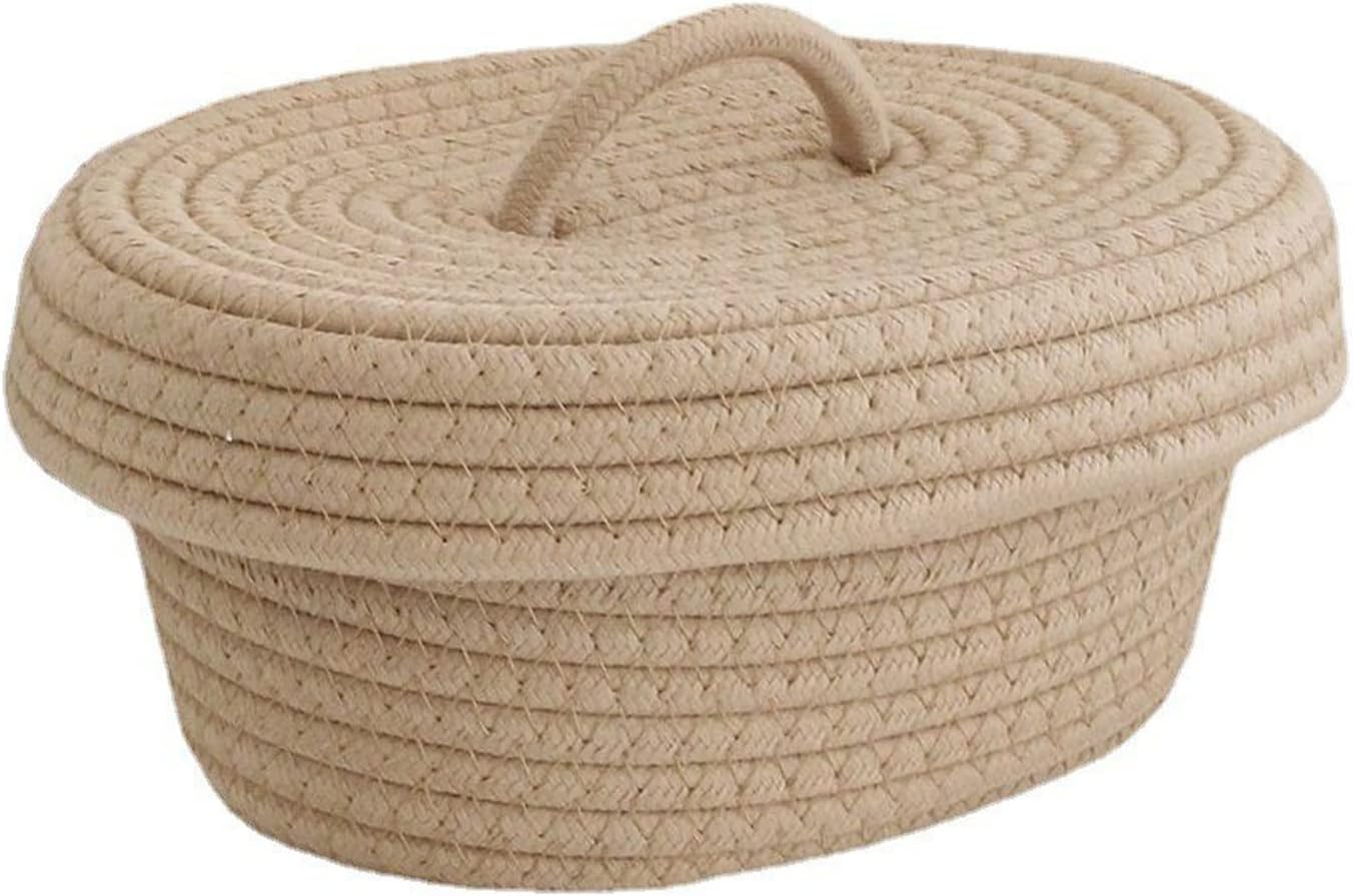 61ukg9jSR2L._AC_SL1500_.jpg Desktop Storage Box with Lid, Handmade Cotton Rope Storage Basket for Makeup Sundries Snack Needles(Khaki) - Image 1