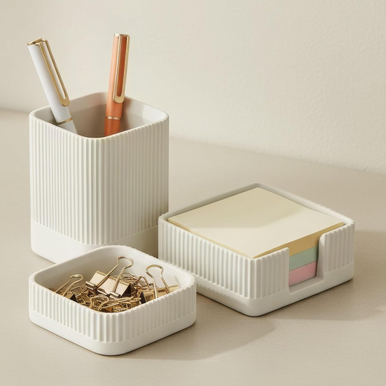 71GRdzTYPML._AC_SL1500_.jpg Aesthetic Desk Organizer Set of 3 For Your Office - Sturdy Concrete Desktop Accessories For Women or Men Enhance Any Office Decor - Set incl. Pen Holder, Paperclip Storage and Sticky Note Holder - Image 1