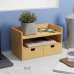 Bamboo desk organizer - Mini desktop drawer desktop storage and organizing box, suitable for office, home, bathroom supplies, no assembly required (3 drawers with overhead box) - Image 2