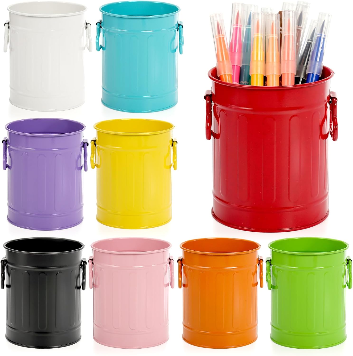 71Xyln-8hCL._AC_SL1500_.jpg 9 Pack Metal Pen Holder, Mini Pencil Bucket with Handle, Desktop Pencil Cup Makeup Brush Organizer, Desk Colorful Small Pails, Stationary Supplies Container for Office Classroom School Crafts - Image 1
